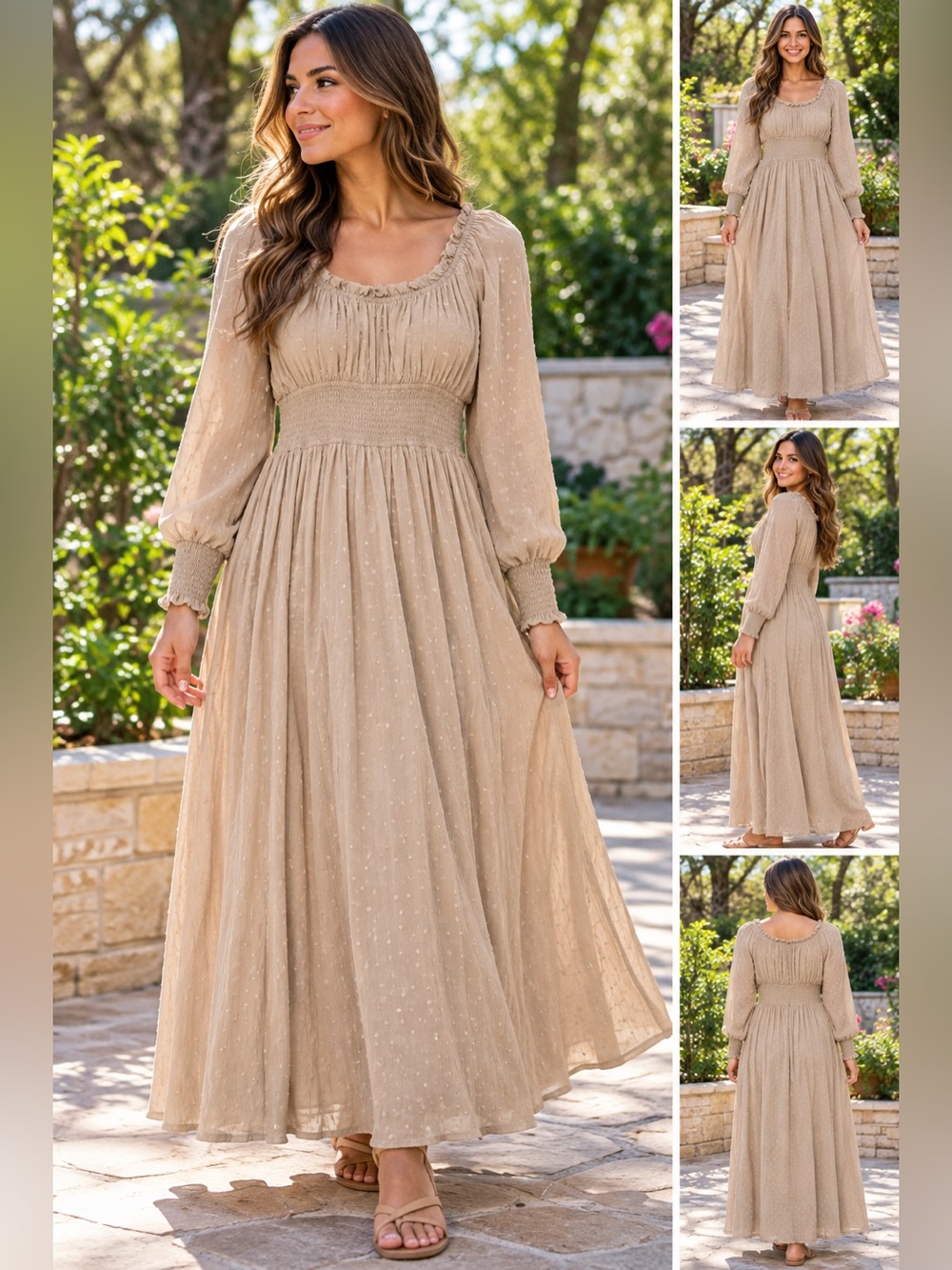 R.Vivimos Beige Swiss Dot Maxi Dress Smocked Waist Boho Peasant Cottagecore Sz L
